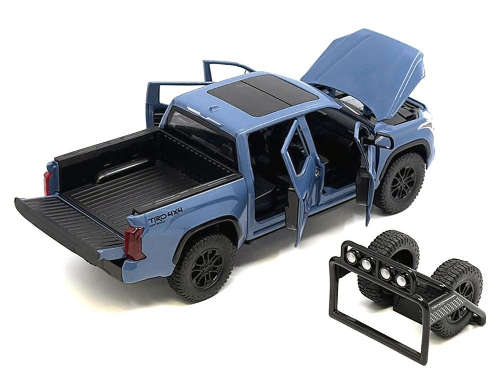 2023 Toyota Tundra TRD 4x4 Pickup Truck Cavalry Blue with Sunroof and Wheel Rack 1/24 Diecast Model Car view 4