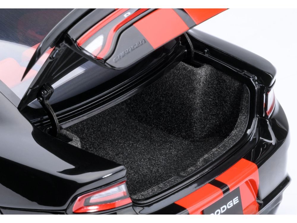Dodge Charger SRT Hellcat Redeye Pitch Black with Red Stripes and Interior 1/18 Model Car by Autoart view 5
