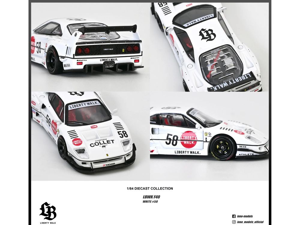LBWK (Liberty Walk) F40 #58 White with Graphics "Collet" 1/64 Diecast Model Car by Inno Models view 5