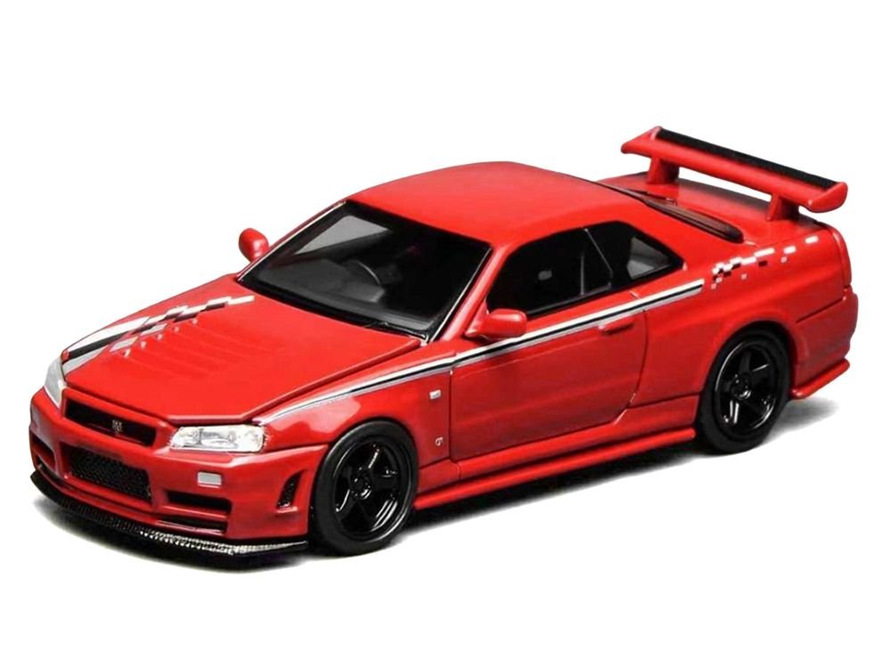 Nissan Skyline GT-R (R34) Nismo RHD (Right Hand Drive) Custom Red with Stripes "Senior 64" Series 1/64 Diecast Model Car by MotorHelix view 2