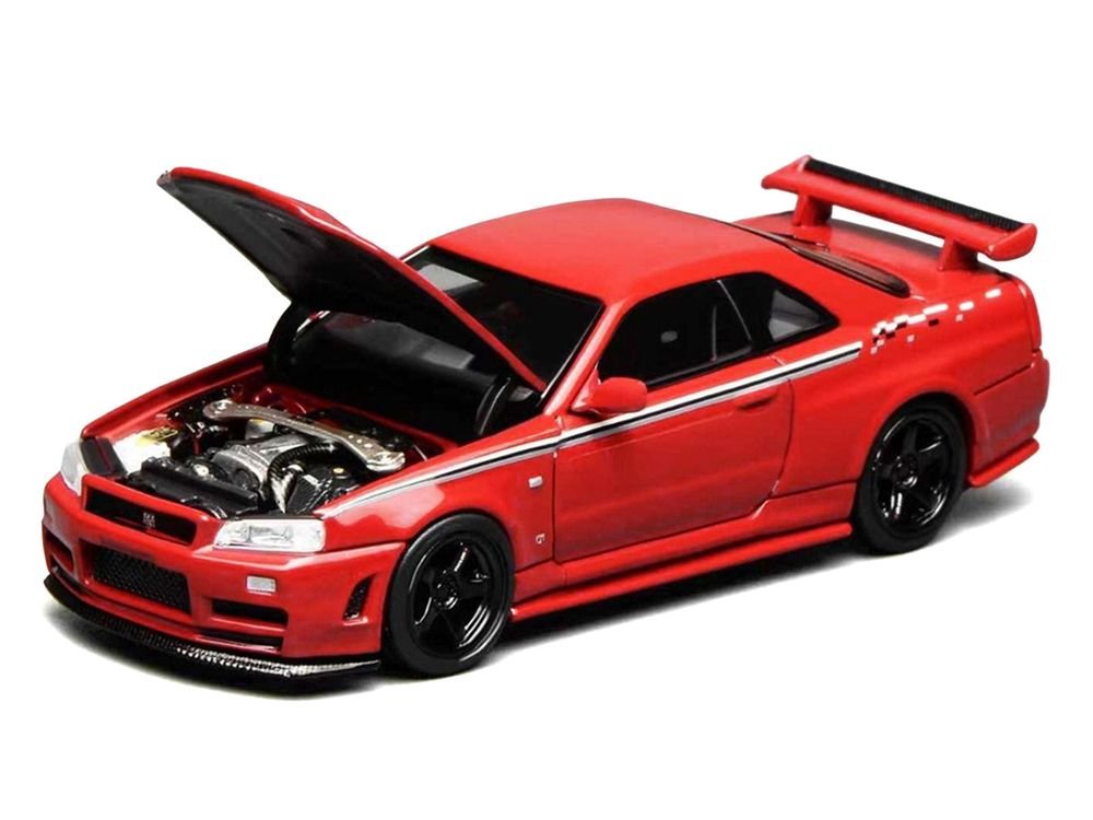 Nissan Skyline GT-R (R34) Nismo RHD (Right Hand Drive) Custom Red with Stripes "Senior 64" Series 1/64 Diecast Model Car by MotorHelix view 3
