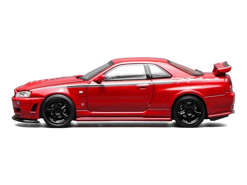 Nissan Skyline GT-R (R34) Nismo RHD (Right Hand Drive) Custom Red with Stripes "Senior 64" Series 1/64 Diecast Model Car by MotorHelix view 4