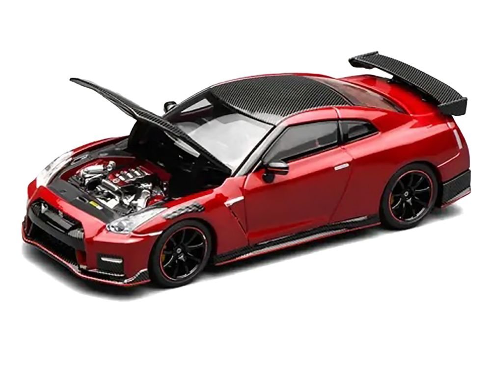 2022 Nissan GT-R Nismo (R35) RHD (Right Hand Drive) Vibrant Red with Carbon Hood and Top "Senior 64" Series 1/64 Diecast Model Car by MotorHelix view 2