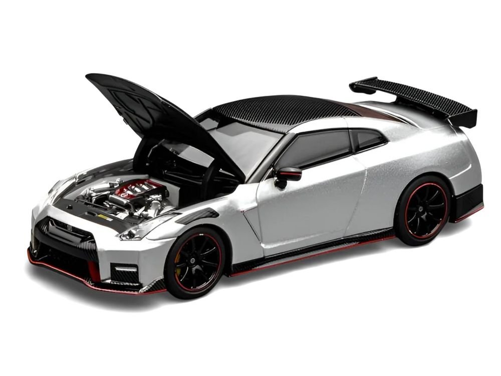 2022 Nissan GT-R Nismo (R35) RHD (Right Hand Drive) Ultimate Metal Silver Metallic with Carbon Hood and Top "Senior 64" Series 1/64 Diecast Model Car by MotorHelix view 3