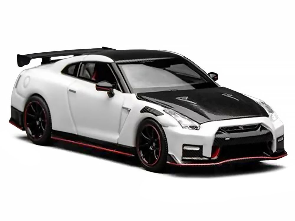 2022 Nissan GT-R Nismo (R35) RHD (Right Hand Drive) Brilliant White Pearl with Carbon Hood and Top "Senior 64" Series 1/64 Diecast Model Car by MotorHelix view 2