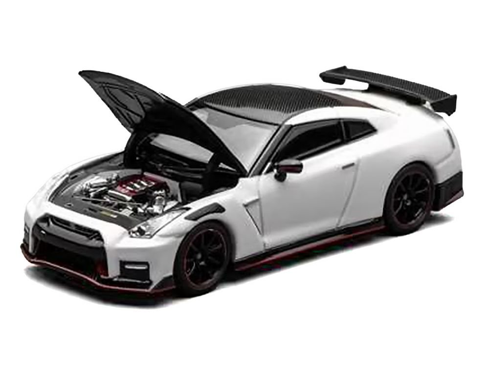 2022 Nissan GT-R Nismo (R35) RHD (Right Hand Drive) Brilliant White Pearl with Carbon Hood and Top "Senior 64" Series 1/64 Diecast Model Car by MotorHelix view 3