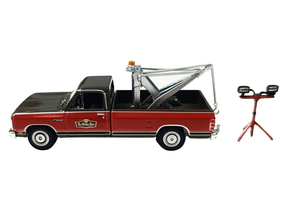 1983 Dodge Ram D-100 Royal SE Tow Truck with Drop-In Tow Hook "Hobby Shop Auto Mechanic" Brown and Red with Work Lights "The Hobby Shop" Series 17 1/64 Diecast Model Car by Greenlight view 2
