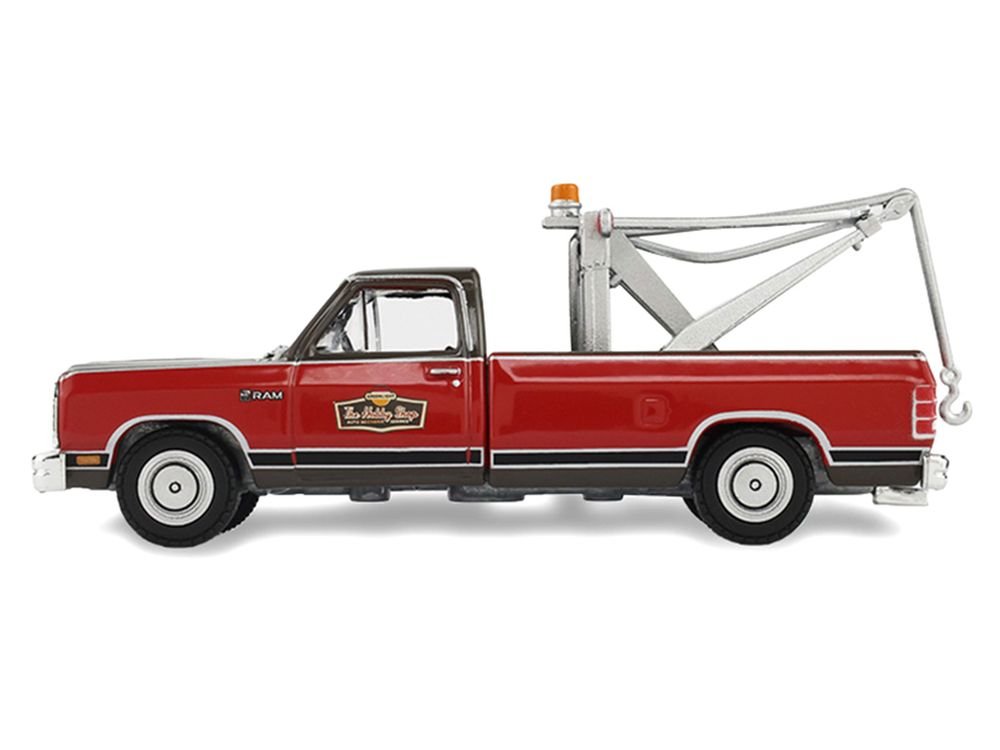 1983 Dodge Ram D-100 Royal SE Tow Truck with Drop-In Tow Hook "Hobby Shop Auto Mechanic" Brown and Red with Work Lights "The Hobby Shop" Series 17 1/64 Diecast Model Car by Greenlight view 3