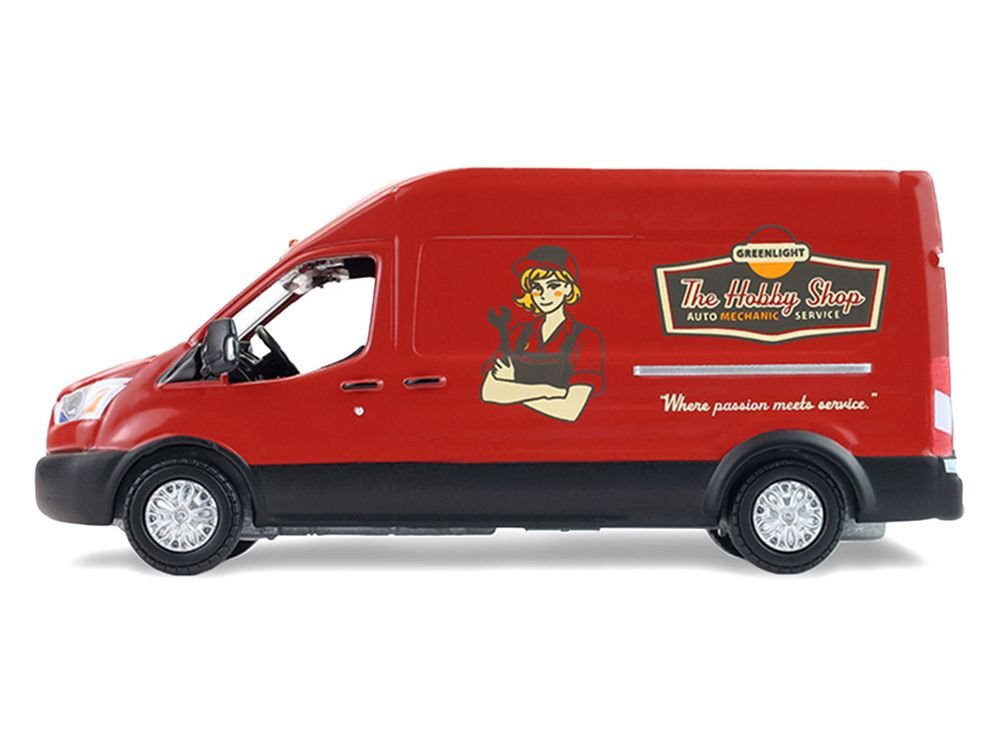 2019 Ford Transit LWB High Roof Van "Hobby Shop Auto Mechanic - Mobile Mechanic" Red with Car Jack and Battery "The Hobby Shop" Series 17 1/64 Diecast Model Car by Greenlight view 2