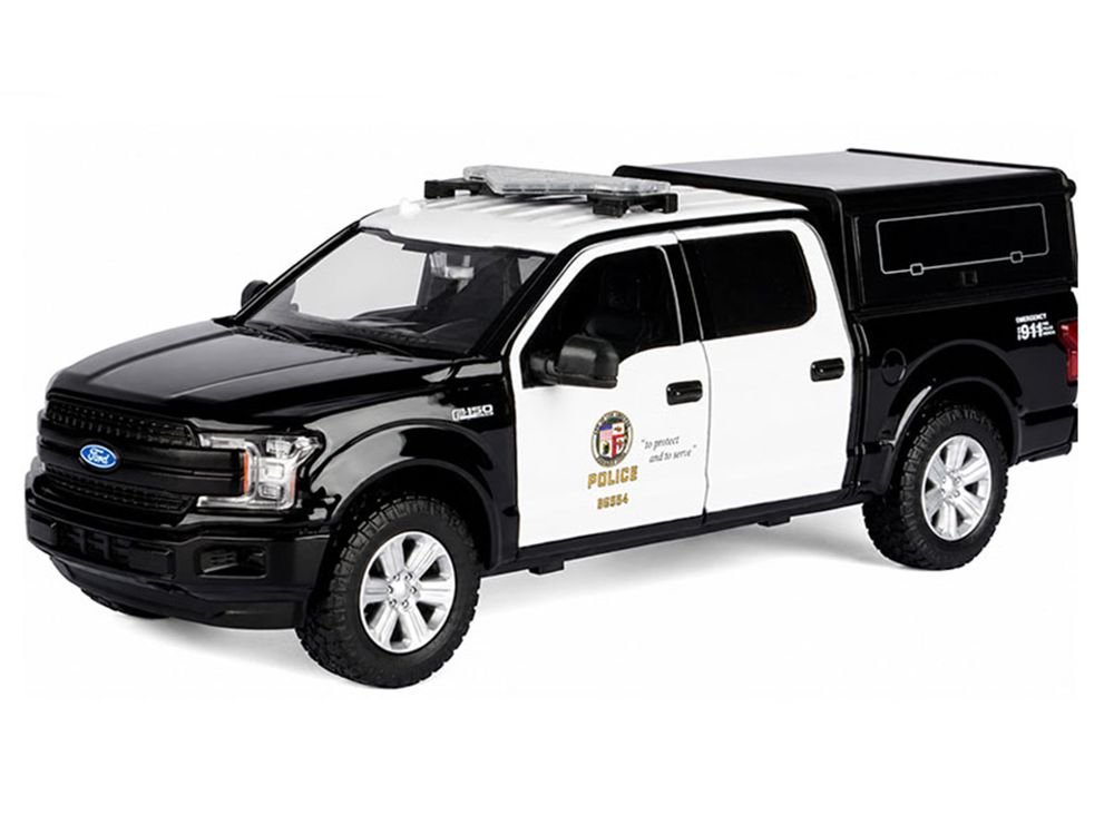 2019 Ford F-150 Lariat Crew Cab Pickup Truck with Camper "Los Angeles Police Department" Black and White "Law Enforcement and Public Service" Series 1/24-1/27 Diecast Model Car by Motormax view 2