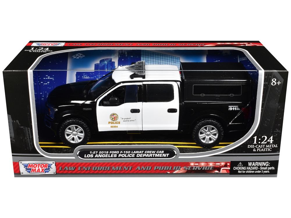 2019 Ford F-150 Lariat Crew Cab Pickup Truck with Camper "Los Angeles Police Department" Black and White "Law Enforcement and Public Service" Series 1/24-1/27 Diecast Model Car by Motormax view 3