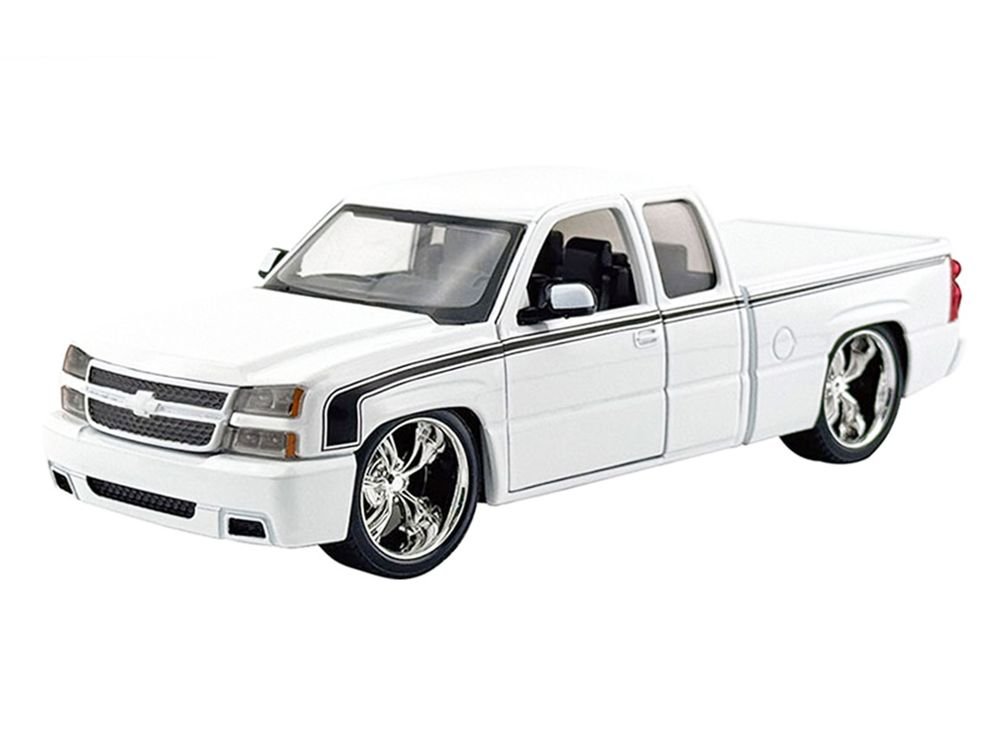 2006 Chevrolet Silverado Custom Pickup Truck White with Black Stripes "Die-Cast Collection" Series 1/25 Diecast Model Car by Motormax view 2