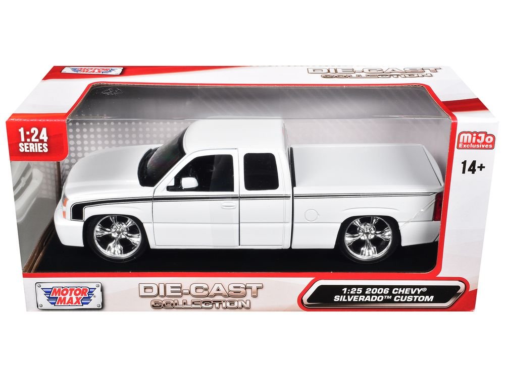 2006 Chevrolet Silverado Custom Pickup Truck White with Black Stripes "Die-Cast Collection" Series 1/25 Diecast Model Car by Motormax view 3