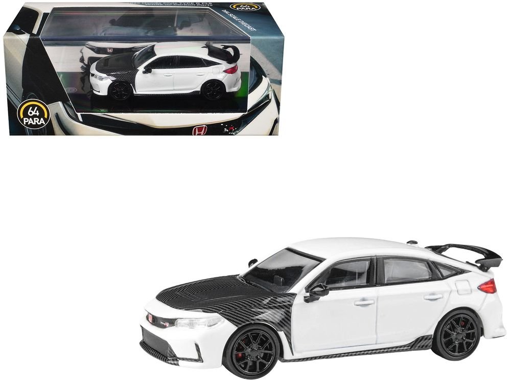 2025 Honda Civic Type R FL5 White with Carbon Hood and Accents 1/64 Diecast Model Car by Paragon Models