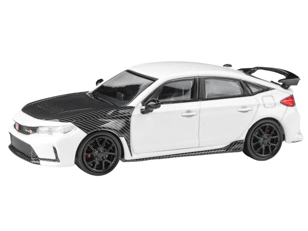 2025 Honda Civic Type R FL5 White with Carbon Hood and Accents 1/64 Diecast Model Car by Paragon Models view 2