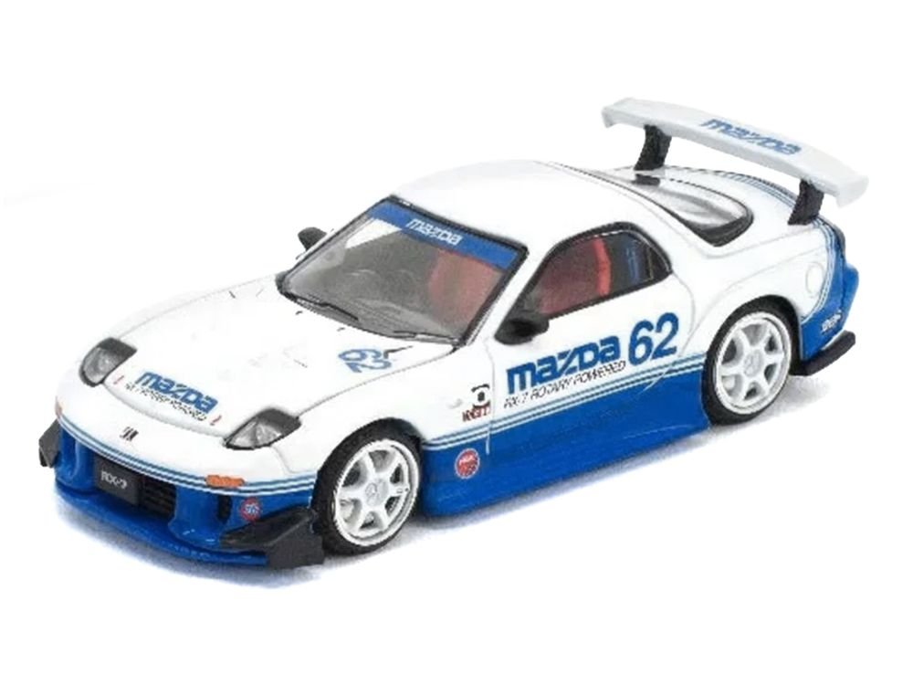 Mazda RX7 RE-Amemiya RHD (Right Hand Drive) #62 White and Blue with Graphics "Enigma Exclusive Edition" 1/64 Diecast Model Car by Pop Race view 2
