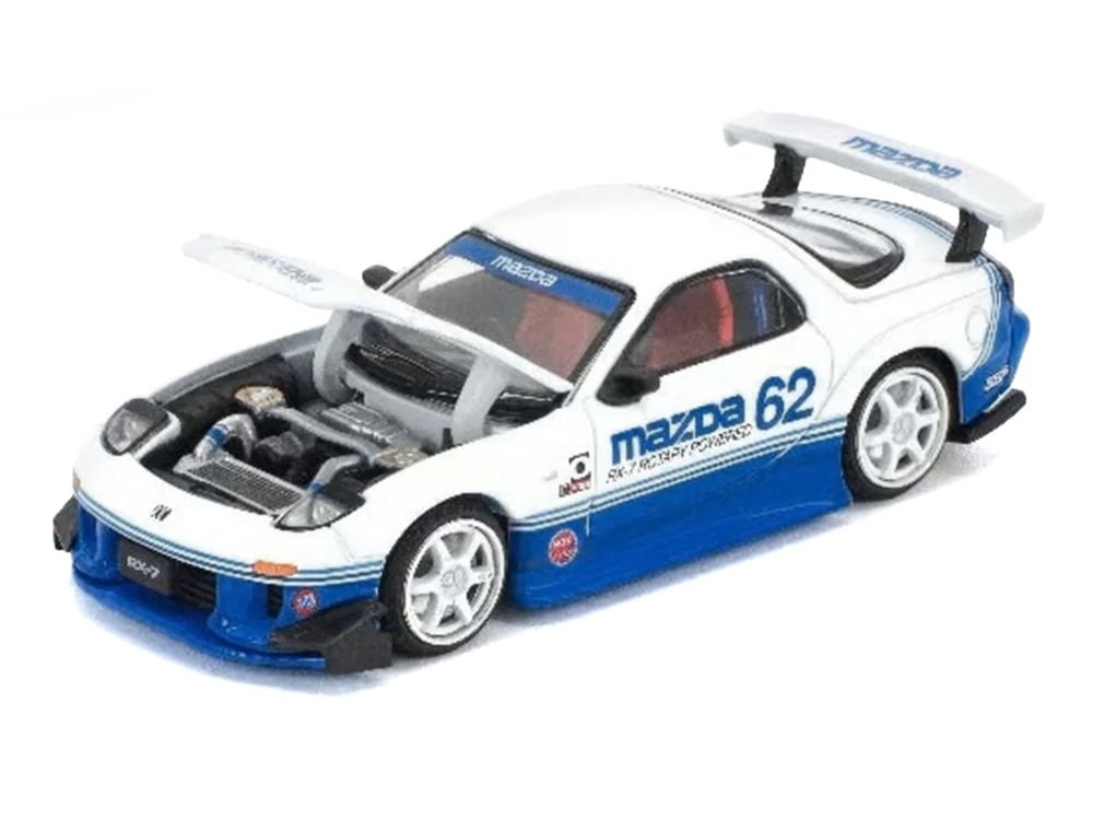 Mazda RX7 RE-Amemiya RHD (Right Hand Drive) #62 White and Blue with Graphics "Enigma Exclusive Edition" 1/64 Diecast Model Car by Pop Race view 3