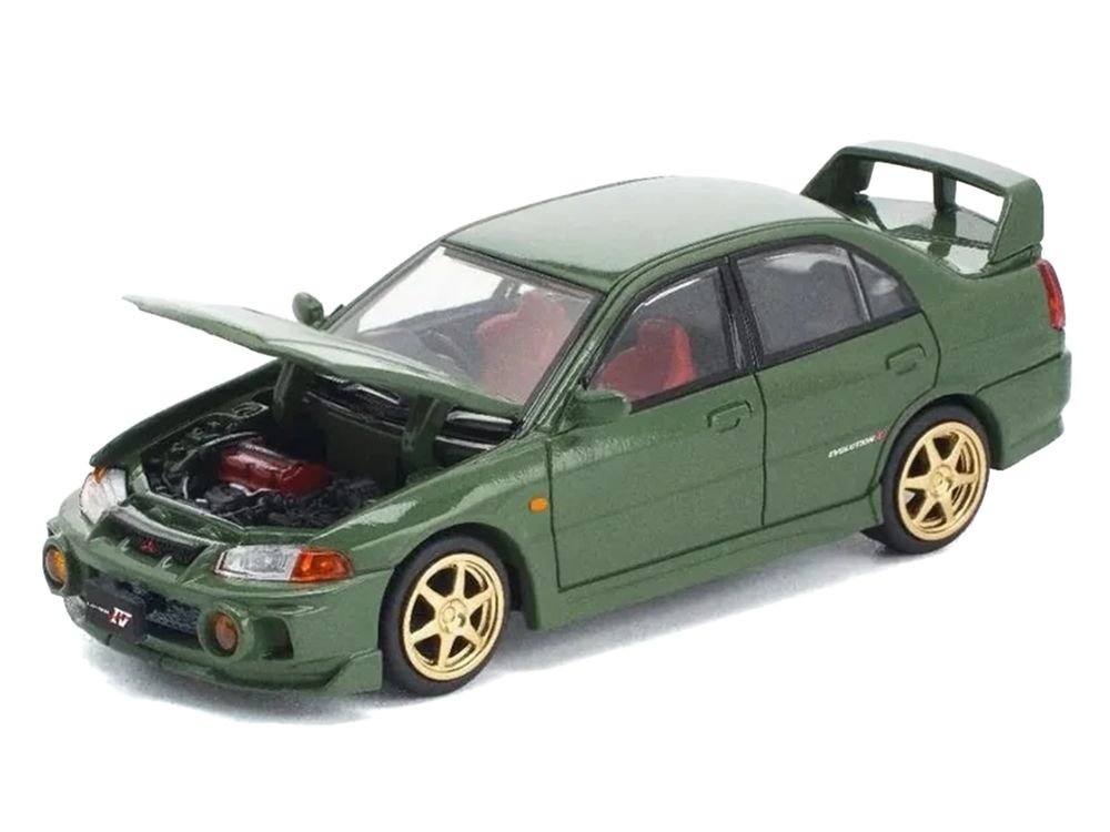 Mitsubishi Lancer Evolution IV RHD (Right Hand Drive) Green with Red Interior and Gold Wheels "Enigma Exclusive Edition" 1/64 Diecast Model Car by Pop Race view 2