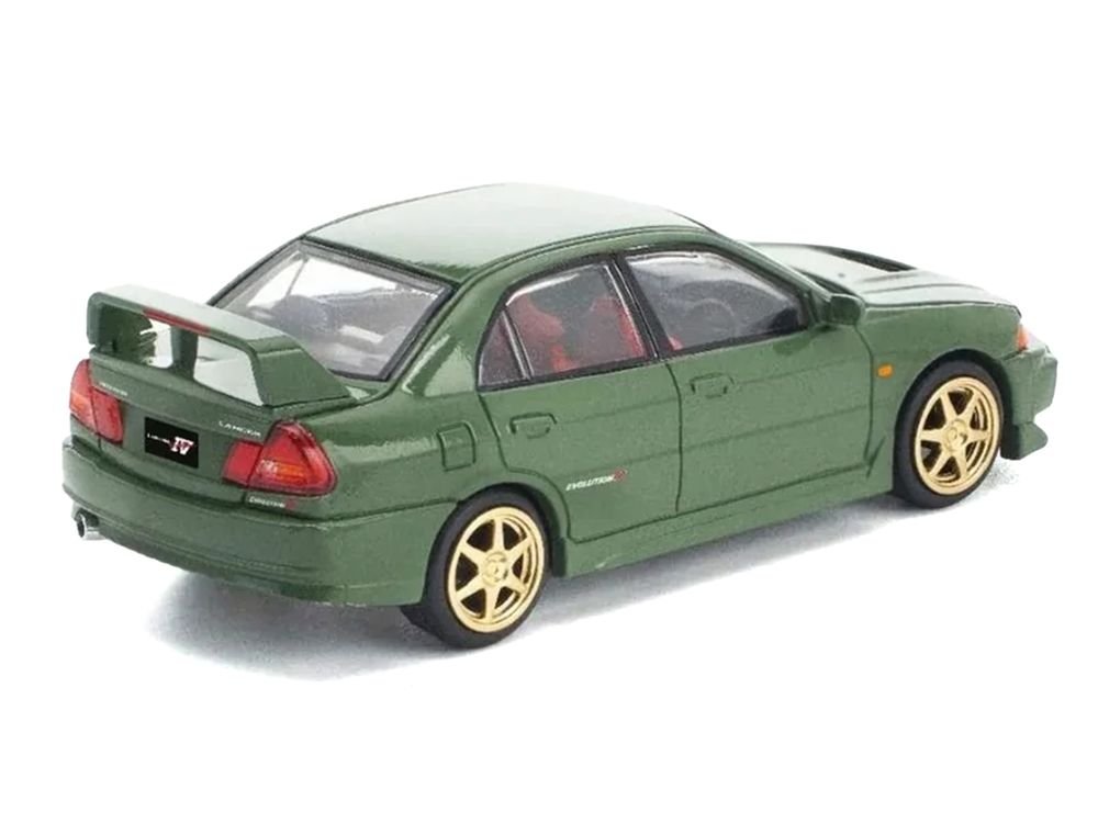 Mitsubishi Lancer Evolution IV RHD (Right Hand Drive) Green with Red Interior and Gold Wheels "Enigma Exclusive Edition" 1/64 Diecast Model Car by Pop Race view 3