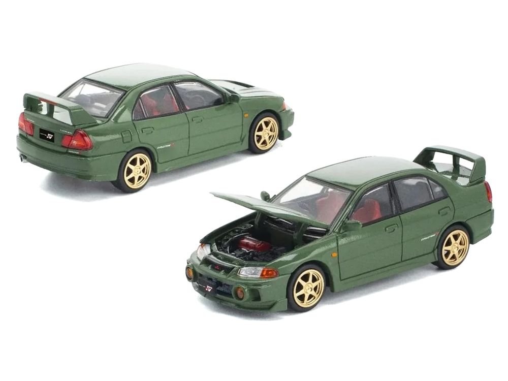 Mitsubishi Lancer Evolution IV RHD (Right Hand Drive) Green with Red Interior and Gold Wheels "Enigma Exclusive Edition" 1/64 Diecast Model Car by Pop Race view 4