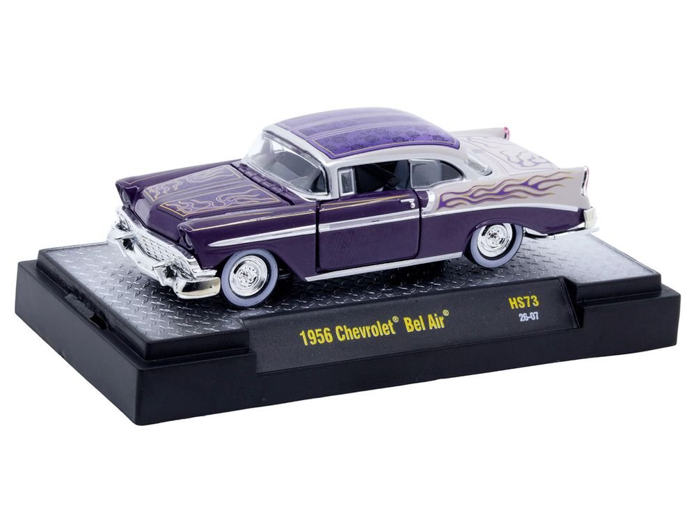 1956 Chevrolet Bel Air "Low and Slow" Purple Two-Tone with Graphics Limited Edition to 5500 pieces Worldwide 1/64 Diecast Model Car by M2 Machines view 2
