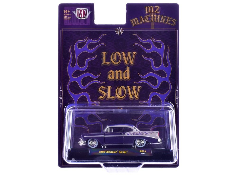 1956 Chevrolet Bel Air "Low and Slow" Purple Two-Tone with Graphics Limited Edition to 5500 pieces Worldwide 1/64 Diecast Model Car by M2 Machines view 3