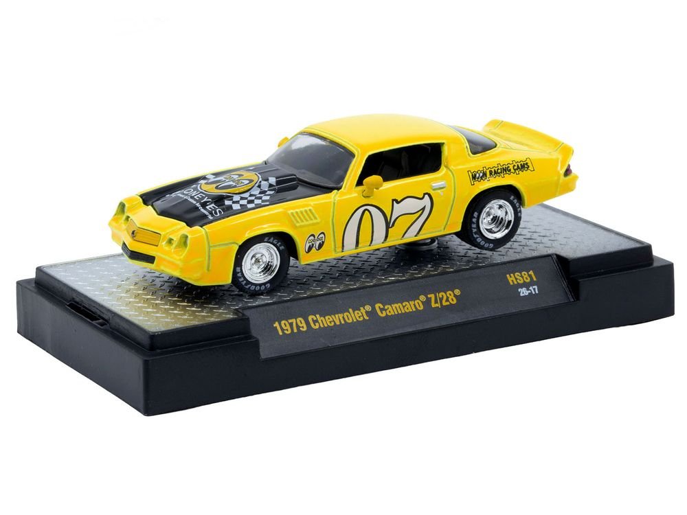 1979 Chevrolet Camaro Z/28 "MoonEyes" Yellow with Black Hood and Graphics Limited Edition to 10428 pieces Worldwide 1/64 Diecast Model Car by M2 Machines view 2