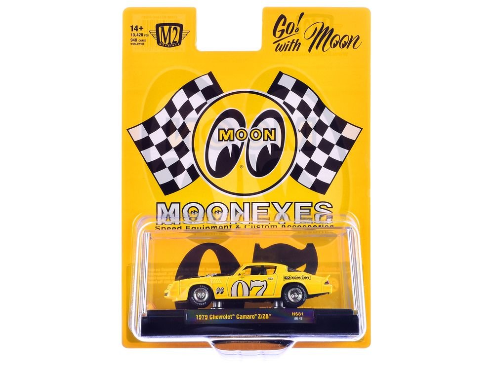 1979 Chevrolet Camaro Z/28 "MoonEyes" Yellow with Black Hood and Graphics Limited Edition to 10428 pieces Worldwide 1/64 Diecast Model Car by M2 Machines view 3