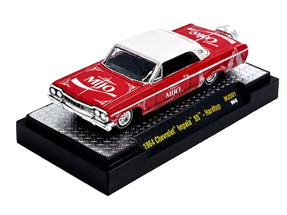 1964 Chevrolet Impala SS Lowrider "Coca Cola" Red with White Top and Graphics Limited Edition to 9340 pieces Worldwide 1/64 Diecast Model Car by M2 Machines view 2