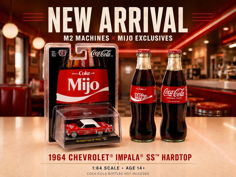 1964 Chevrolet Impala SS Lowrider "Coca Cola" Red with White Top and Graphics Limited Edition to 9340 pieces Worldwide 1/64 Diecast Model Car by M2 Machines view 3