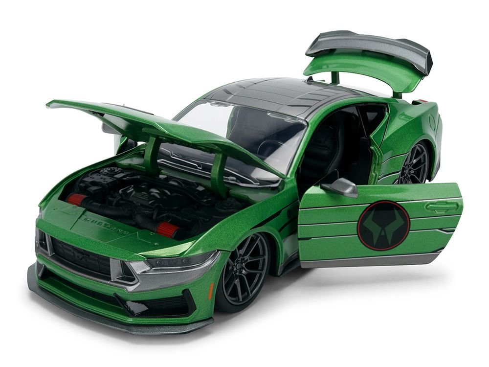 2024 Ford Mustang Dark Horse Green Metallic with Gray Top and Graphic with Doctor Doom Diecast Figure "Marvel's Doctor Doom" Character "Hollywood Rides" Series 1/24 Diecast Model Car by Jada view 2