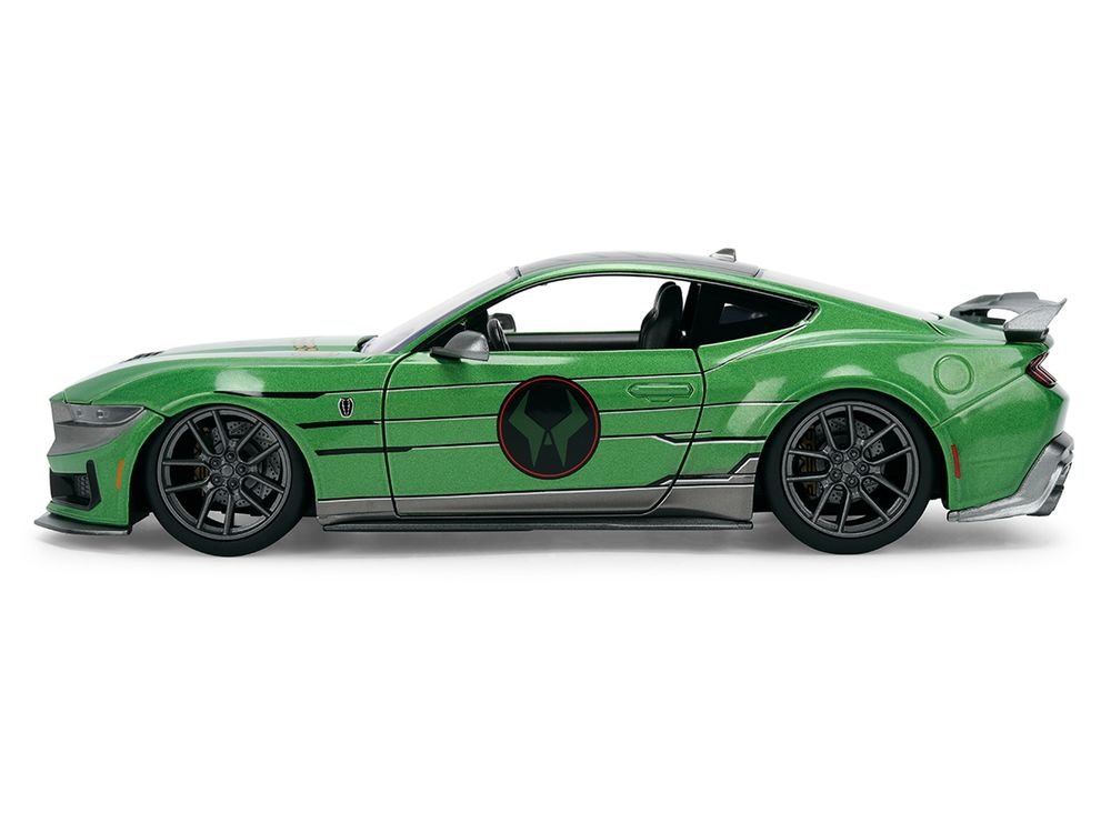 2024 Ford Mustang Dark Horse Green Metallic with Gray Top and Graphic with Doctor Doom Diecast Figure "Marvel's Doctor Doom" Character "Hollywood Rides" Series 1/24 Diecast Model Car by Jada view 3