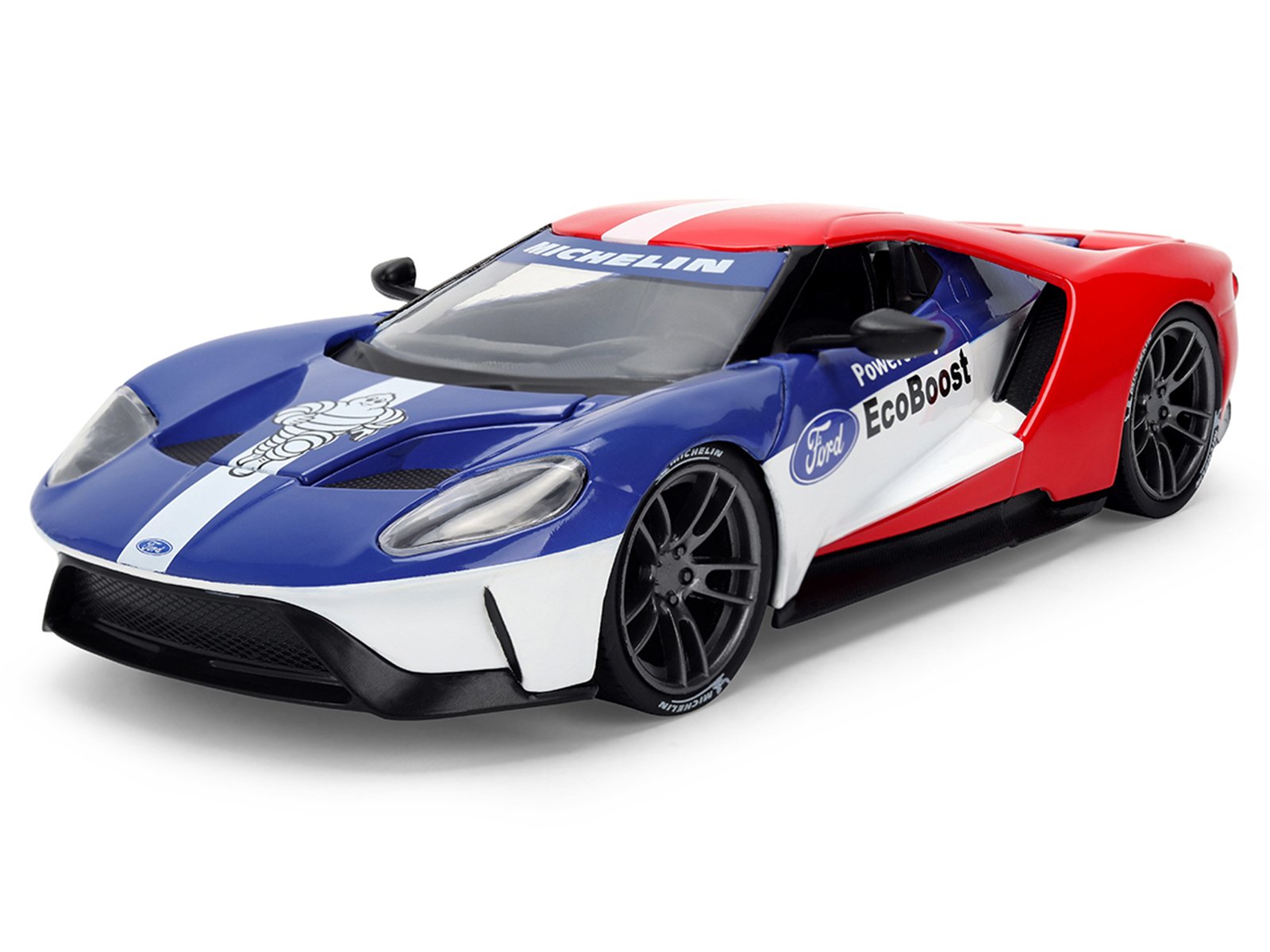 2017 Ford GT Blue and Red with White Stripes with Michelin Man Diecast Figure "Michelin Tires" "Hollywood Rides" Series 1/24 Diecast Model Car by Jada view 2
