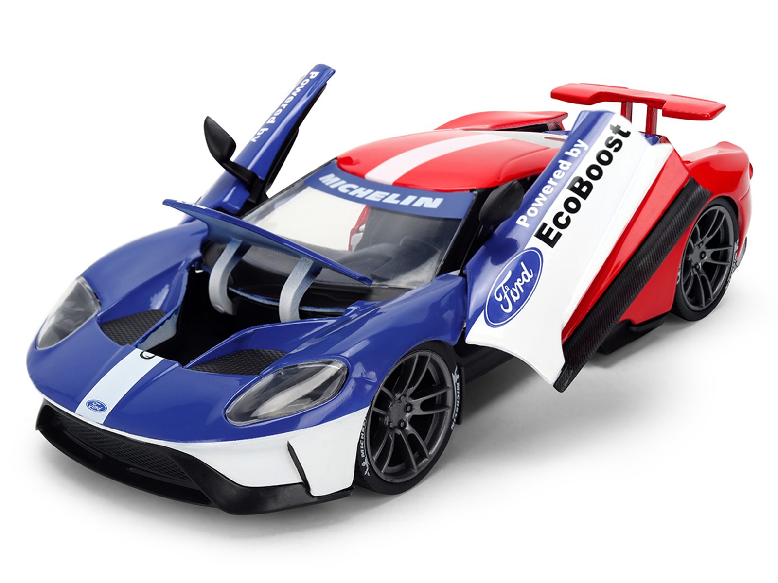 2017 Ford GT Blue and Red with White Stripes with Michelin Man Diecast Figure "Michelin Tires" "Hollywood Rides" Series 1/24 Diecast Model Car by Jada view 3
