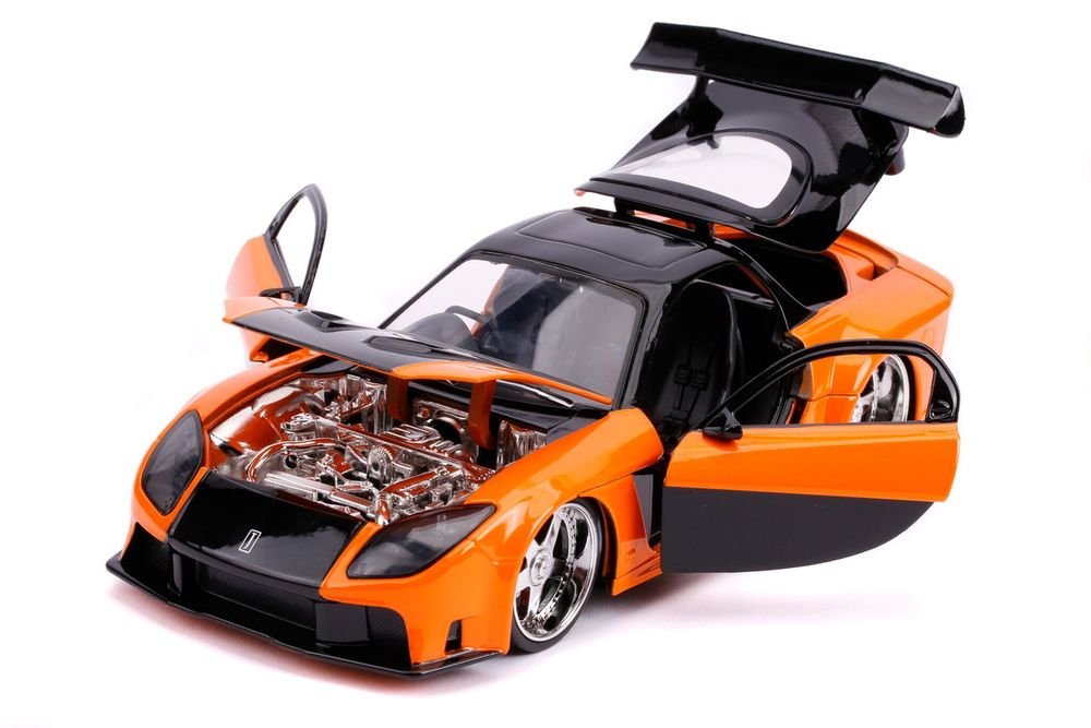 Han's Mazda RX-7 RHD (Right Hand Drive) Orange and Black "The Fast and the Furious: Tokyo Drift" (2006) Movie "25 Years of Fast & Furious" Series 1/24 Diecast Model Car by Jada view 3