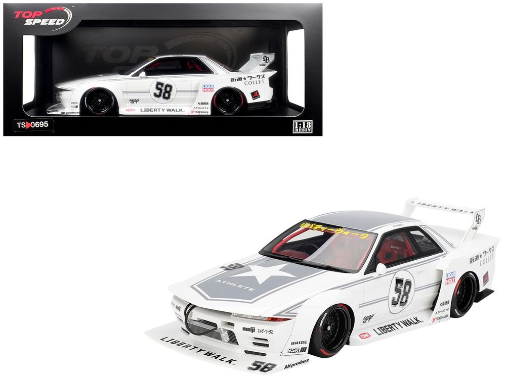 Nissan Skyline GT-R (R32) RHD (Right Hand Drive) #58 "LBWK - Kaido Works" White with Gray Stripes and Graphics "Tokyo Auto Salon (TAS) 2025" 1/18 Model Car by Top Speed