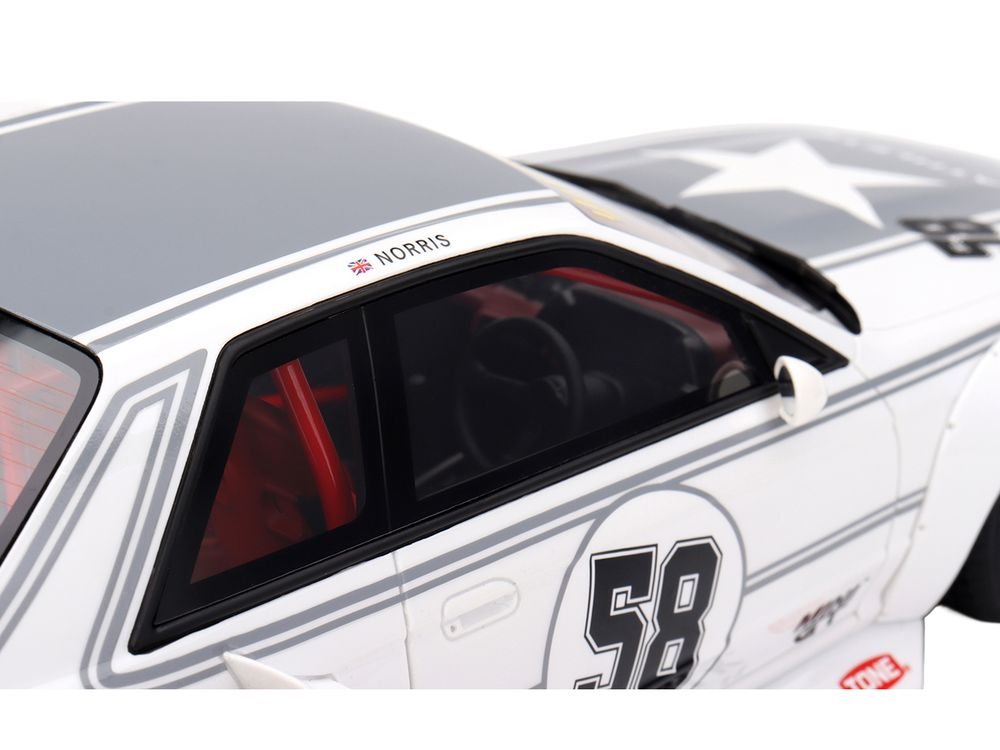 Nissan Skyline GT-R (R32) RHD (Right Hand Drive) #58 "LBWK - Kaido Works" White with Gray Stripes and Graphics "Tokyo Auto Salon (TAS) 2025" 1/18 Model Car by Top Speed view 2