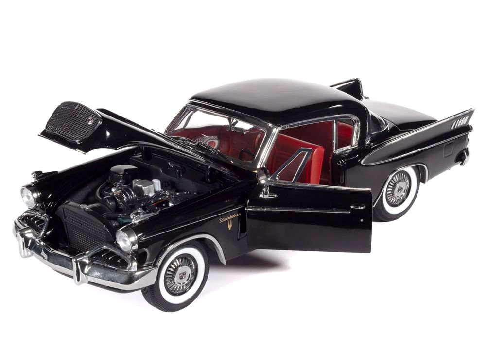 1957 Studebaker Golden Hawk Midnight Black with Red Interior 1/18 Diecast Model by Auto World view 2