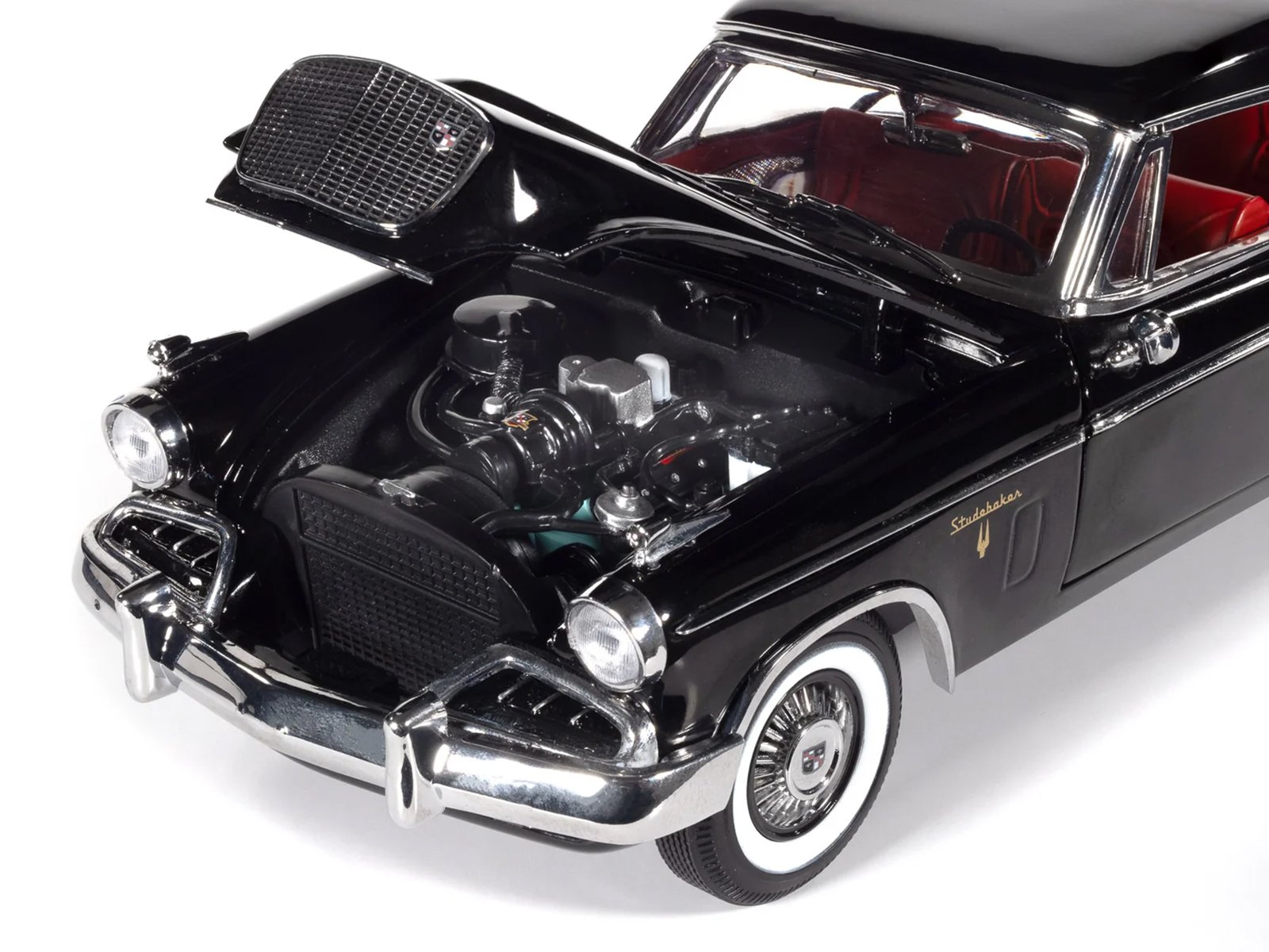 1957 Studebaker Golden Hawk Midnight Black with Red Interior 1/18 Diecast Model by Auto World view 3