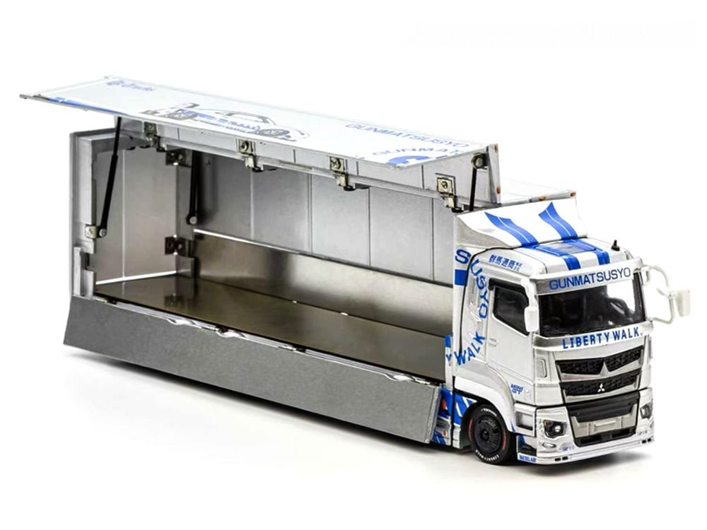 Mitsubishi Fuso Super Great Transporter RHD (Right Hand Drive) "LB-Trucks - Gunmatsusyo" Silver Metallic with Blue Graphics "Tokyo Auto Salon (TAS) 2026 Exclusive" 1/64 Diecast Model by GCD view 2
