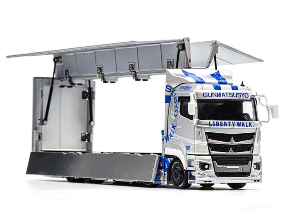 Mitsubishi Fuso Super Great Transporter RHD (Right Hand Drive) "LB-Trucks - Gunmatsusyo" Silver Metallic with Blue Graphics "Tokyo Auto Salon (TAS) 2026 Exclusive" 1/64 Diecast Model by GCD view 3