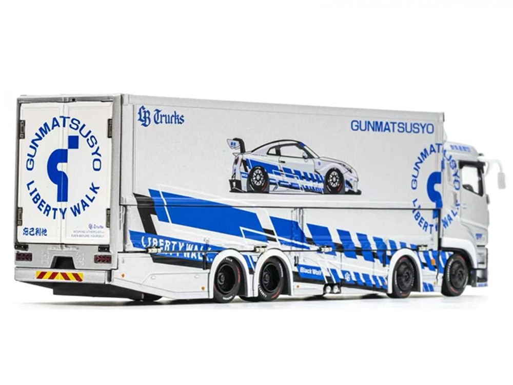 Mitsubishi Fuso Super Great Transporter RHD (Right Hand Drive) "LB-Trucks - Gunmatsusyo" Silver Metallic with Blue Graphics "Tokyo Auto Salon (TAS) 2026 Exclusive" 1/64 Diecast Model by GCD view 4