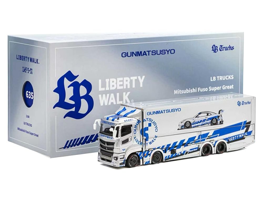 Mitsubishi Fuso Super Great Transporter RHD (Right Hand Drive) "LB-Trucks - Gunmatsusyo" Silver Metallic with Blue Graphics "Tokyo Auto Salon (TAS) 2026 Exclusive" 1/64 Diecast Model by GCD view 5