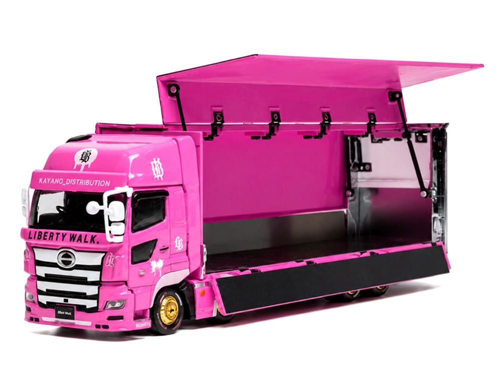 Hino 700 Transporter RHD (Right Hand Drive) "LB-Trucks - Kayano_Distr." Pink Metallic with Graphics 1/64 Diecast Model by GCD view 2