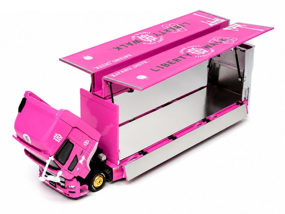 Hino 700 Transporter RHD (Right Hand Drive) "LB-Trucks - Kayano_Distr." Pink Metallic with Graphics 1/64 Diecast Model by GCD view 3