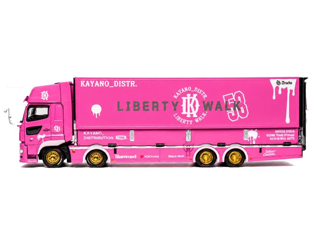 Hino 700 Transporter RHD (Right Hand Drive) "LB-Trucks - Kayano_Distr." Pink Metallic with Graphics 1/64 Diecast Model by GCD view 4