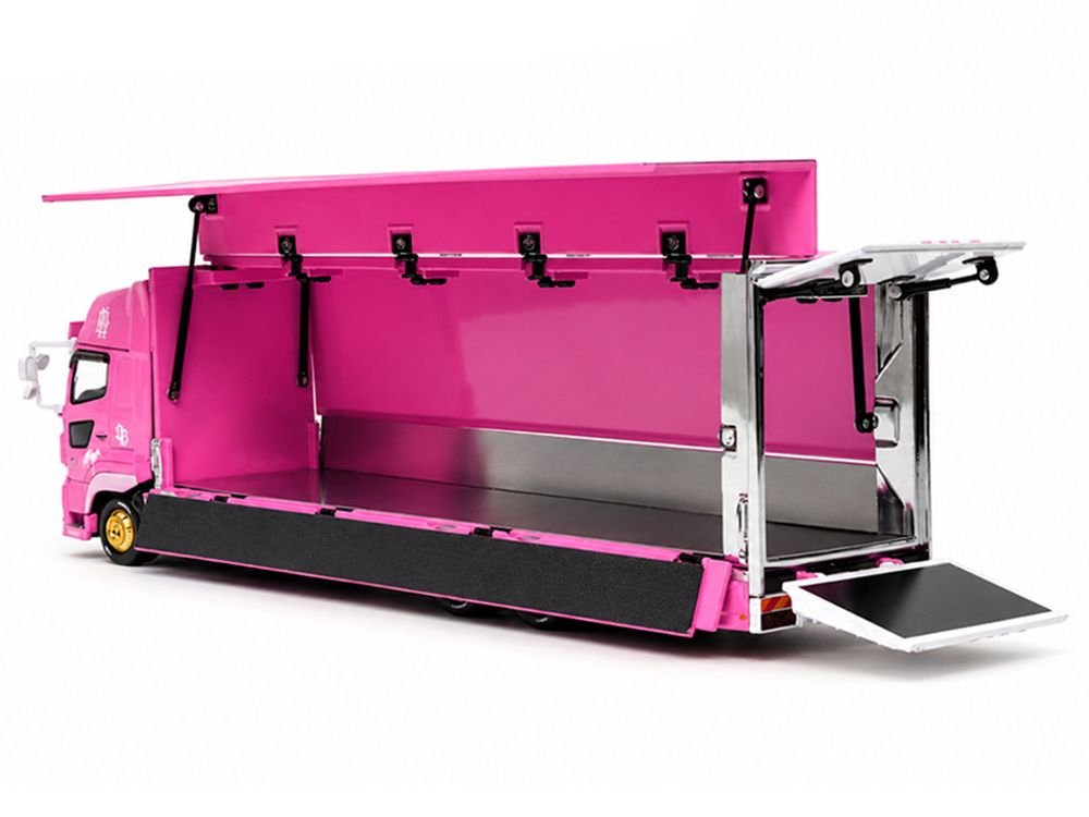 Hino 700 Transporter RHD (Right Hand Drive) "LB-Trucks - Kayano_Distr." Pink Metallic with Graphics 1/64 Diecast Model by GCD view 5