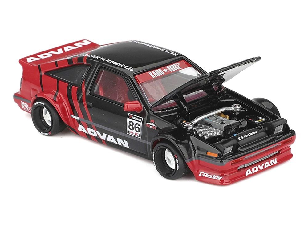 Toyota AE86 Sprinter Trueno RHD (Right Hand Drive) #86 "Kaido ADVAN" Black and Red (Designed by Jun Imai) "Kaido House" Special 1/64 Diecast Model Car by Mini GT view 2