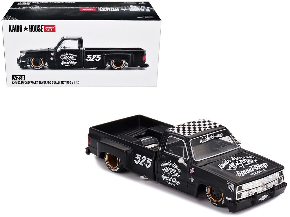 Chevrolet Silverado Dually Pickup Truck "Hot Rod V1" Matt Black with Checkered Top and Graphics (Designed by Jun Imai) "Kaido House" Special 1/64 Diecast Model Car by Mini GT