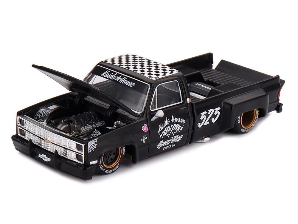 Chevrolet Silverado Dually Pickup Truck "Hot Rod V1" Matt Black with Checkered Top and Graphics (Designed by Jun Imai) "Kaido House" Special 1/64 Diecast Model Car by Mini GT view 2